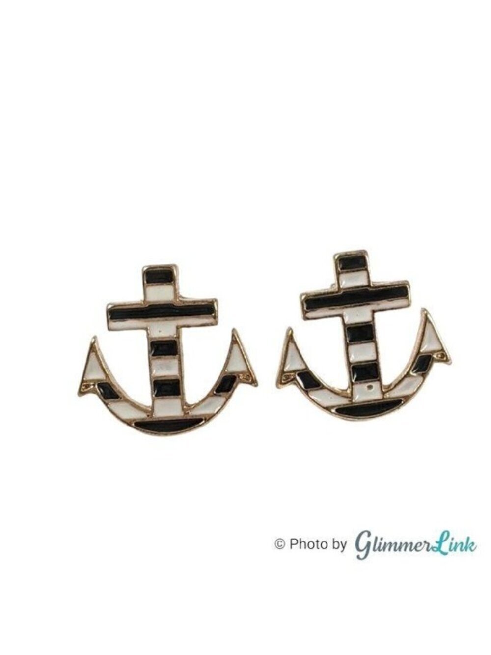 Nautical Anchor Black White Striped Enamel Gold Tone Earrings